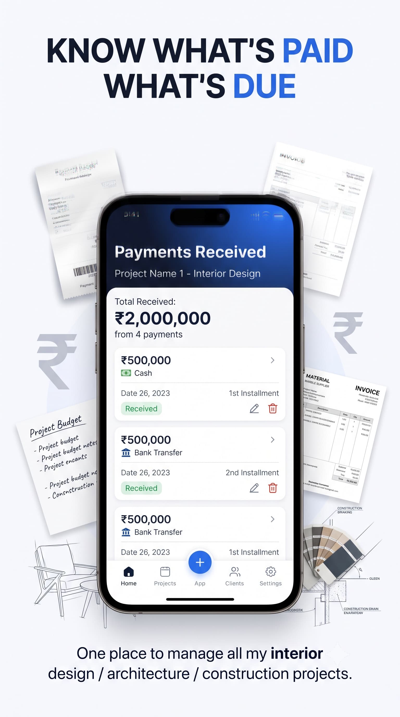 Payments screen showing total received and every instalment logged against a project