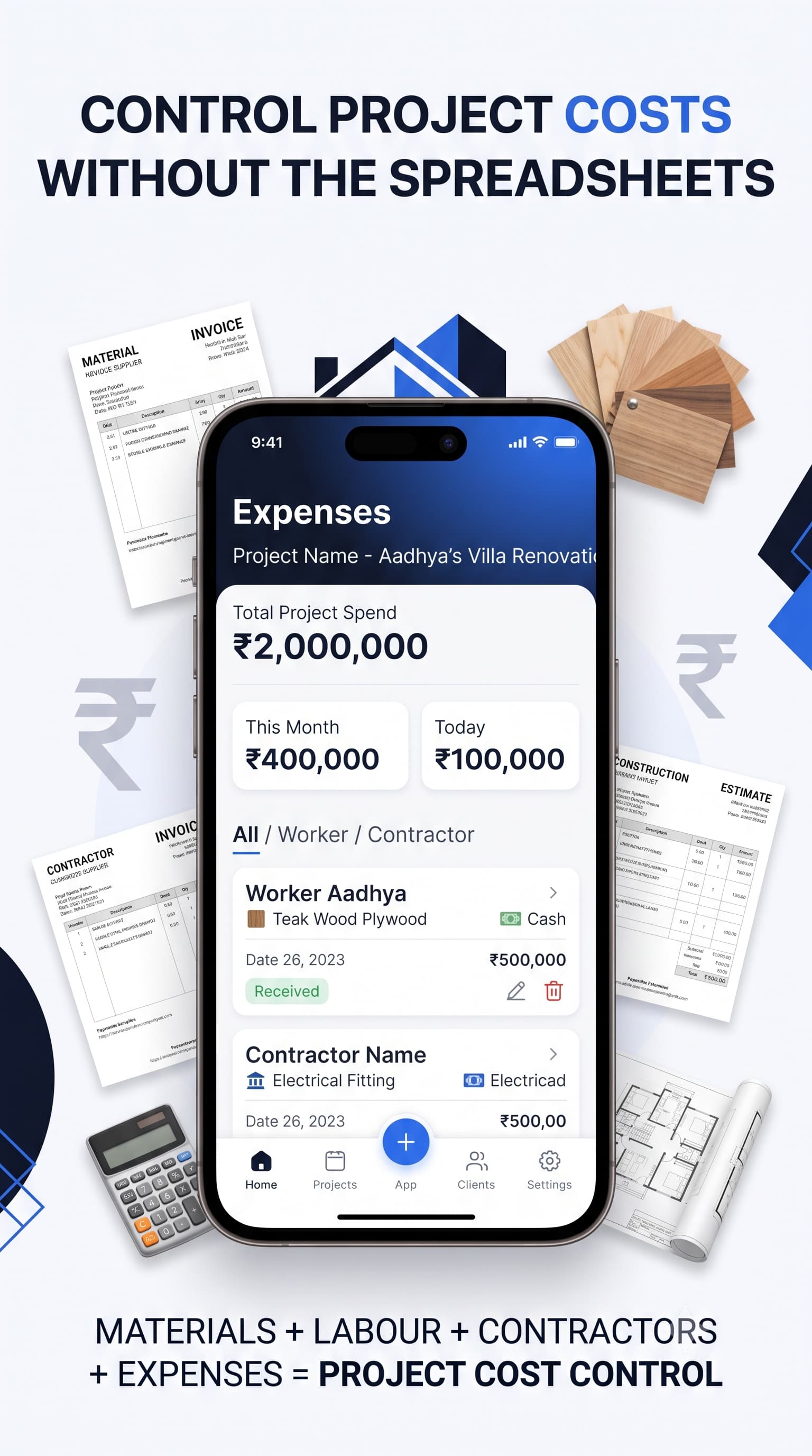 Expenses screen breaking project spend down by worker, contractor and material