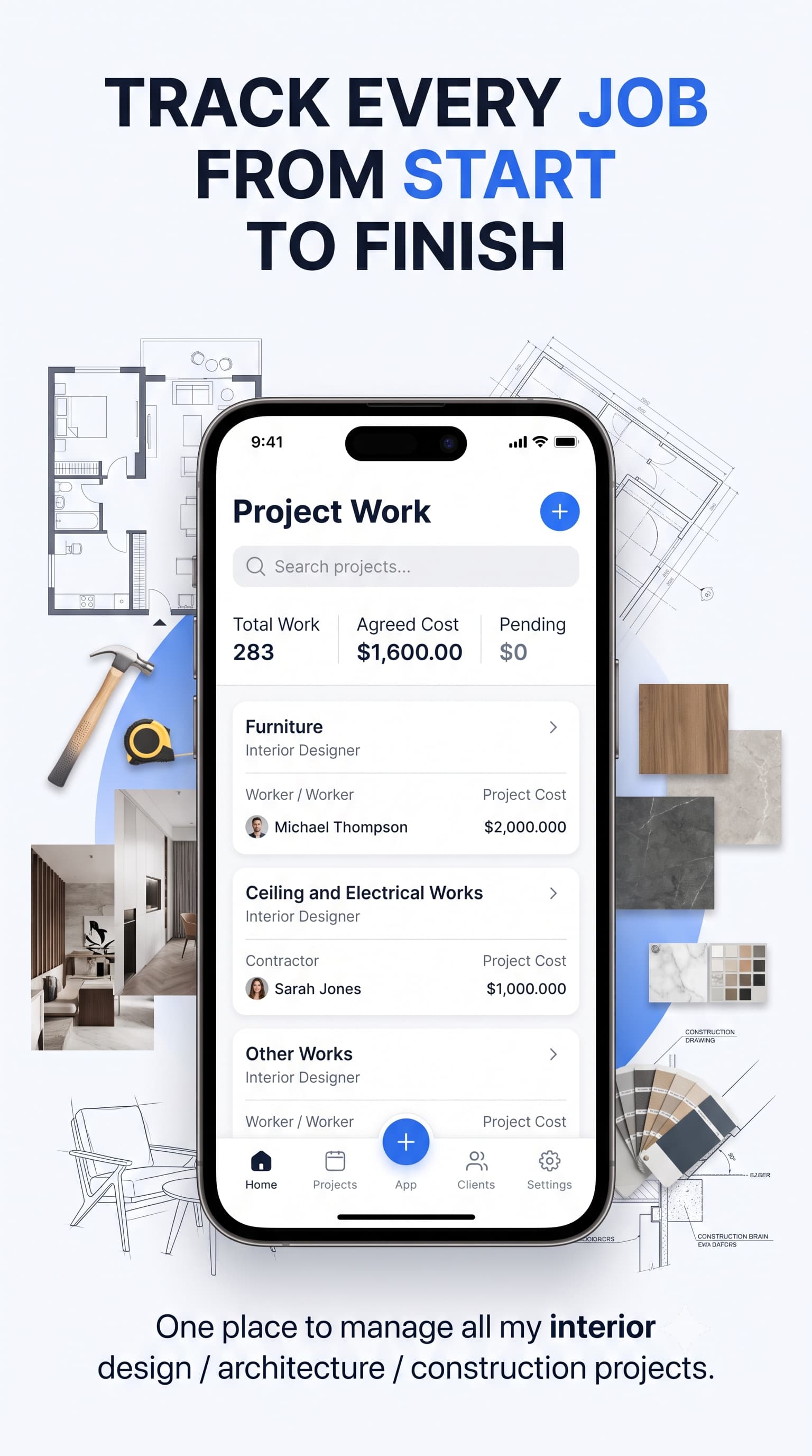 Project work screen tracking agreed cost and pending amount for each job