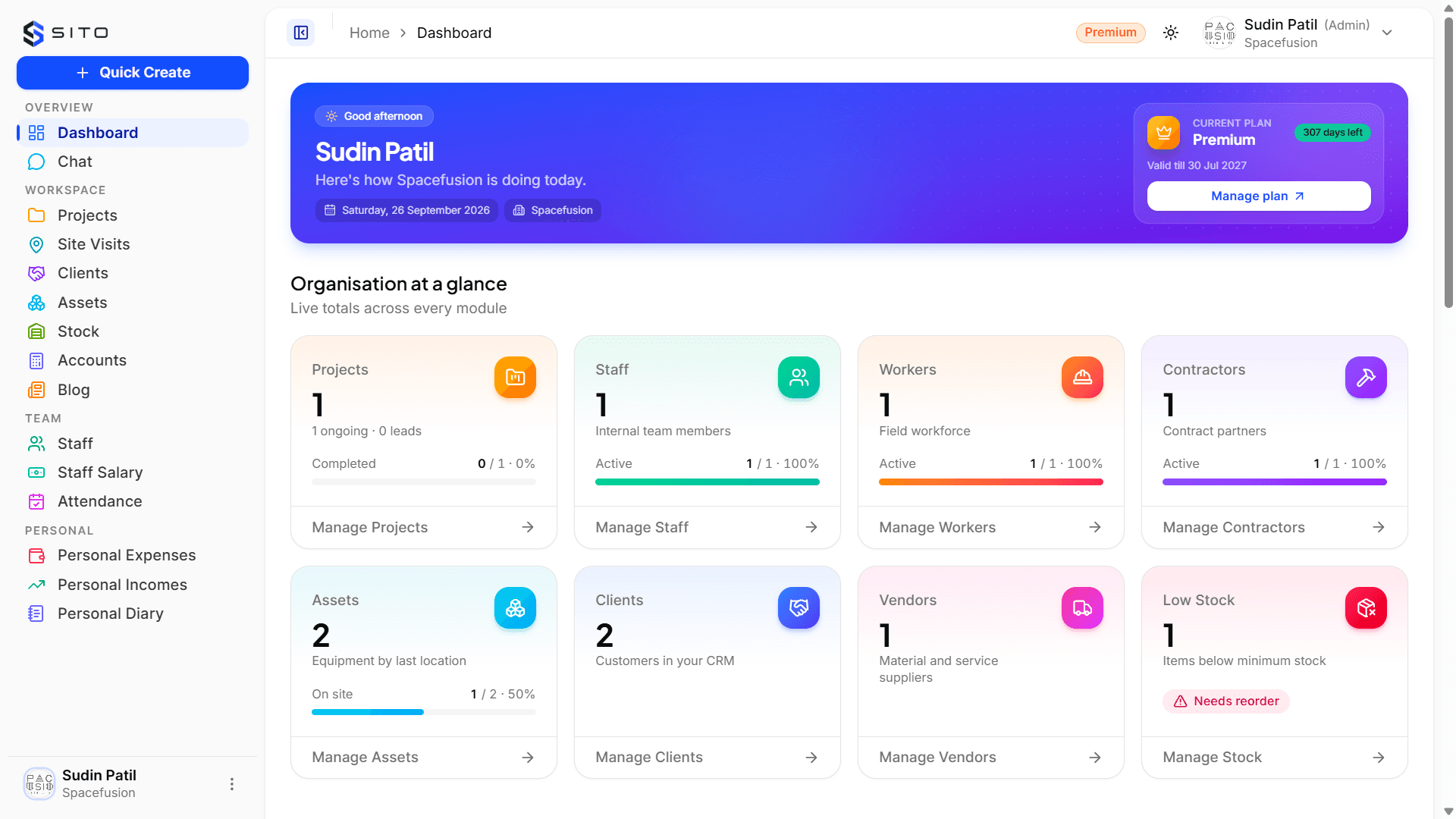 SITO web dashboard showing organisation totals for projects, staff, workers, contractors, assets, clients, vendors and stock