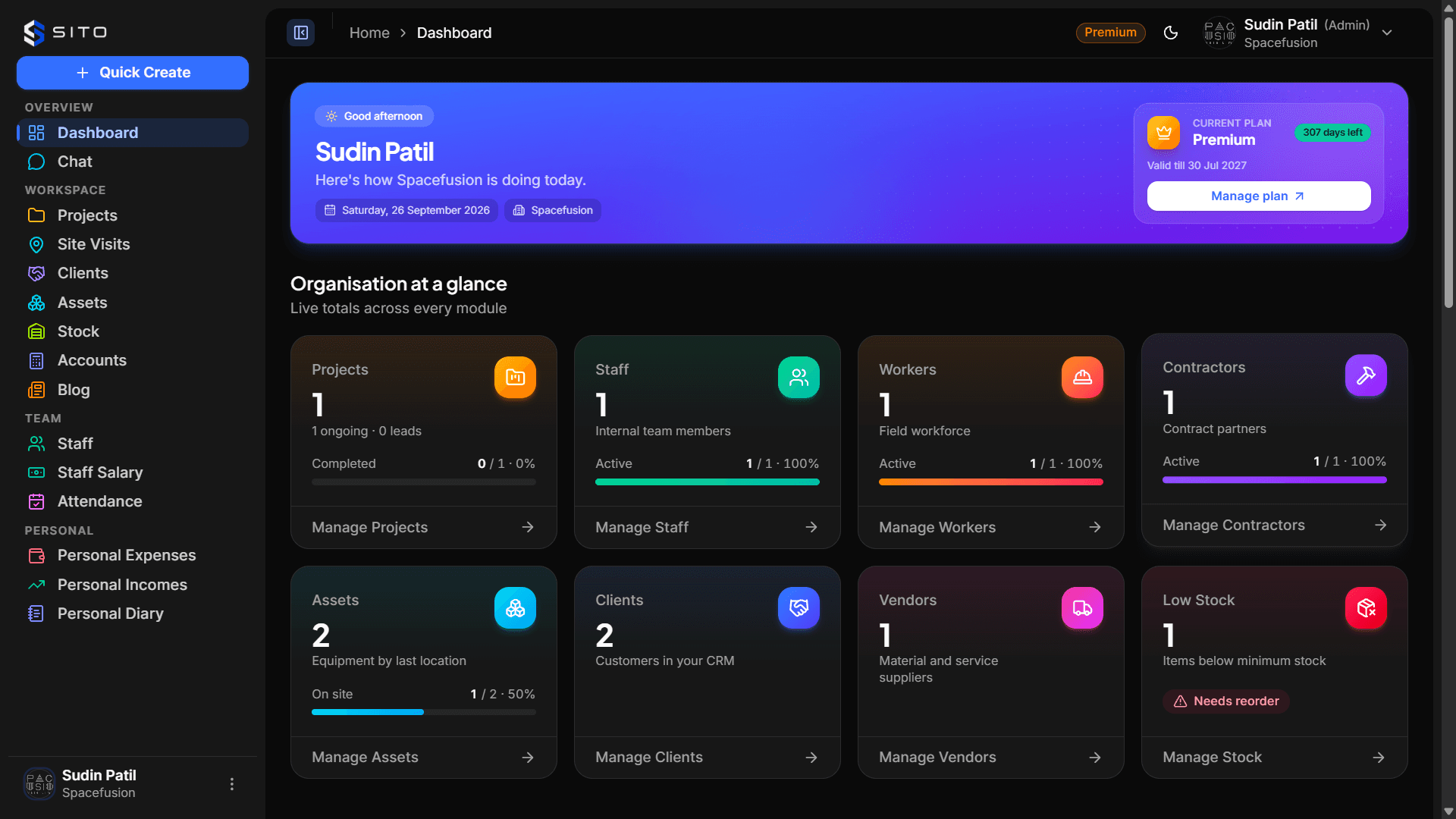 SITO web dashboard showing organisation totals for projects, staff, workers, contractors, assets, clients, vendors and stock
